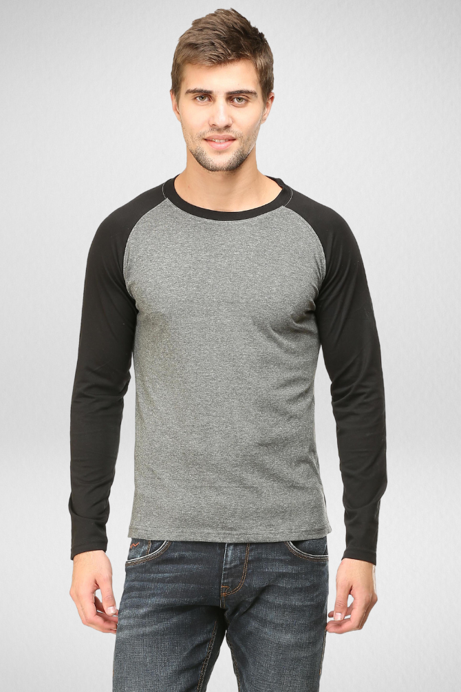 Black Charcoal Melange Raglan Sleeve T-Shirt For Men - WowWaves - 1