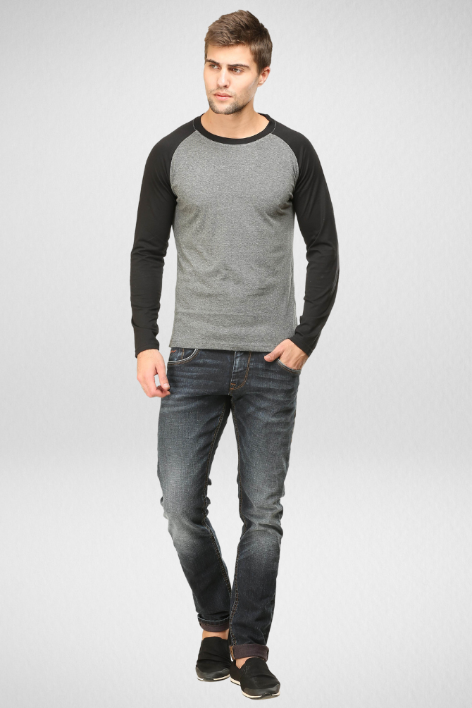 Black Charcoal Melange Raglan Sleeve T-Shirt For Men - WowWaves - 3