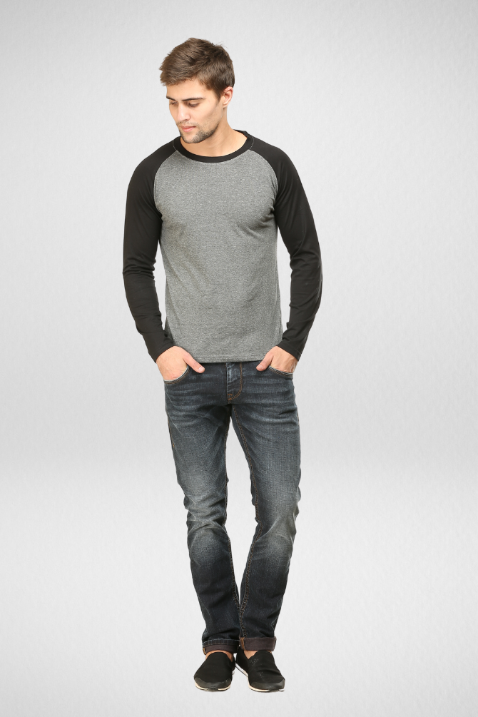 Black Charcoal Melange Raglan Sleeve T-Shirt For Men - WowWaves - 4