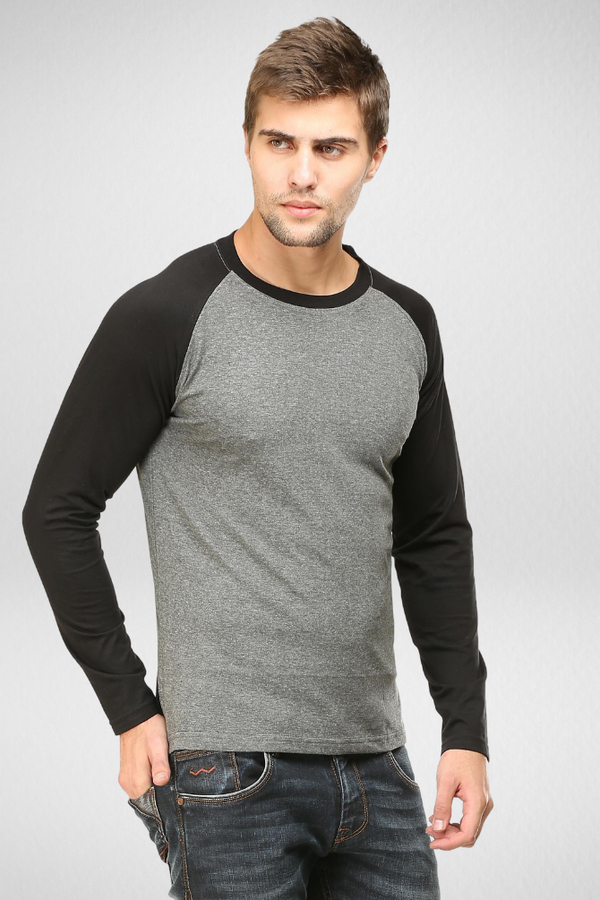 Black Charcoal Melange Raglan Sleeve T-Shirt For Men - WowWaves