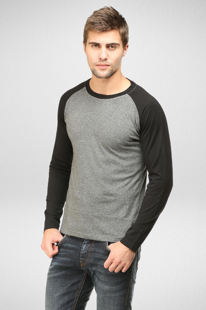 Black Charcoal Melange Raglan Sleeve T-Shirt For Men - WowWaves - 2