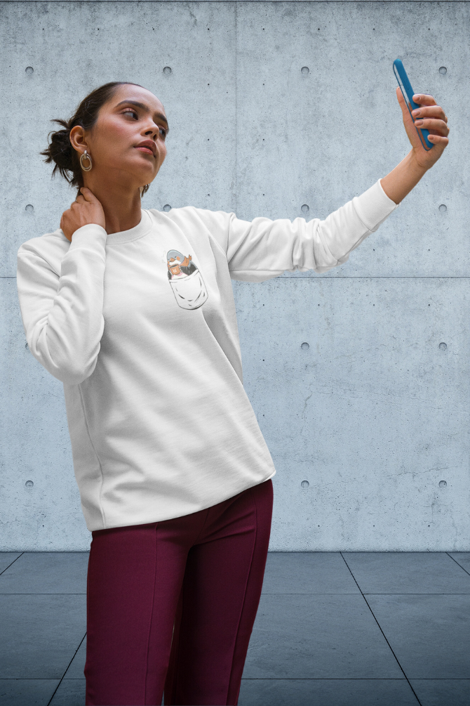Penguin In Pocket White Printed Sweatshirt For Women - WowWaves - 3