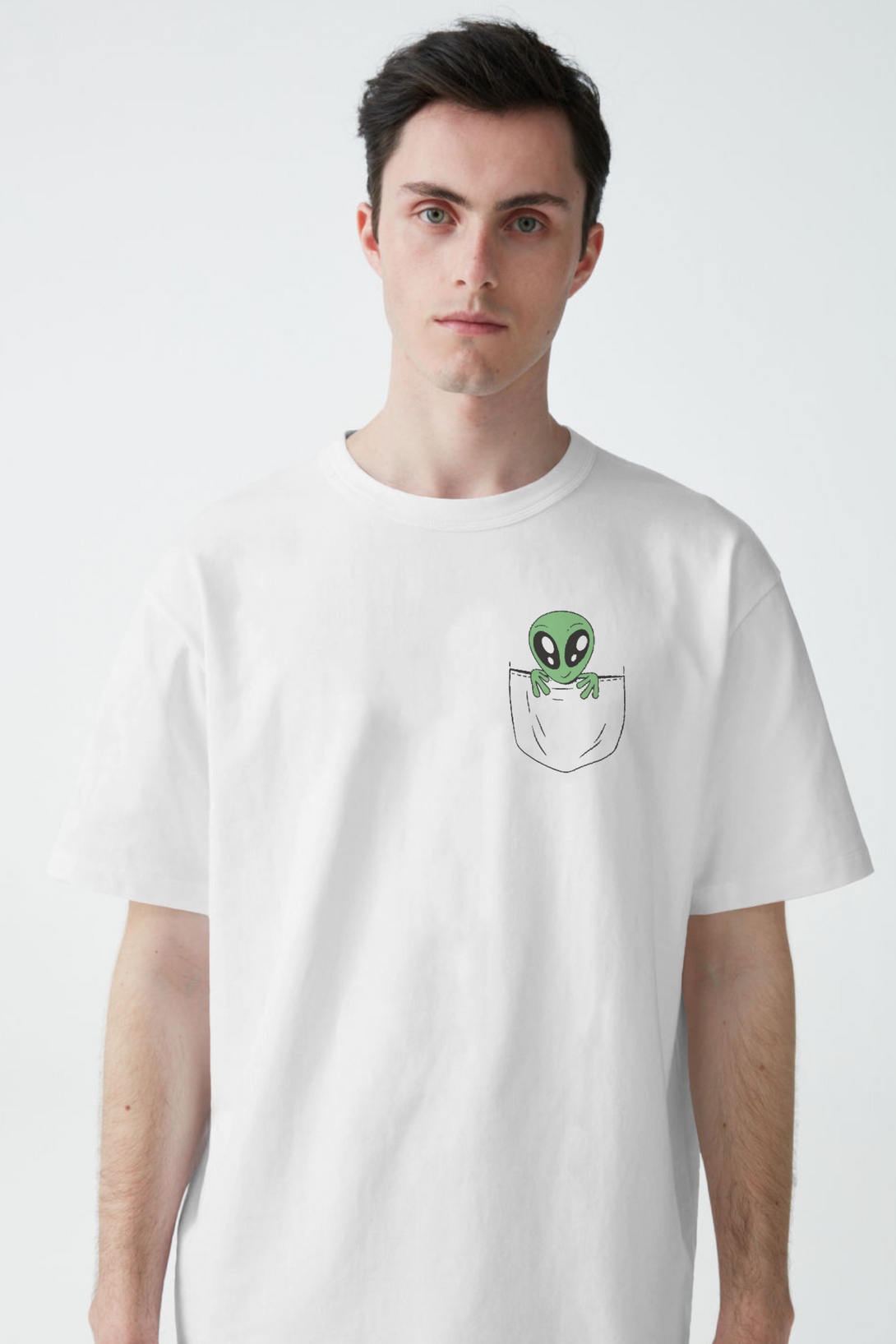 Space Alien In A Pocket Printed Oversized T-Shirt For Men - WowWaves - 7