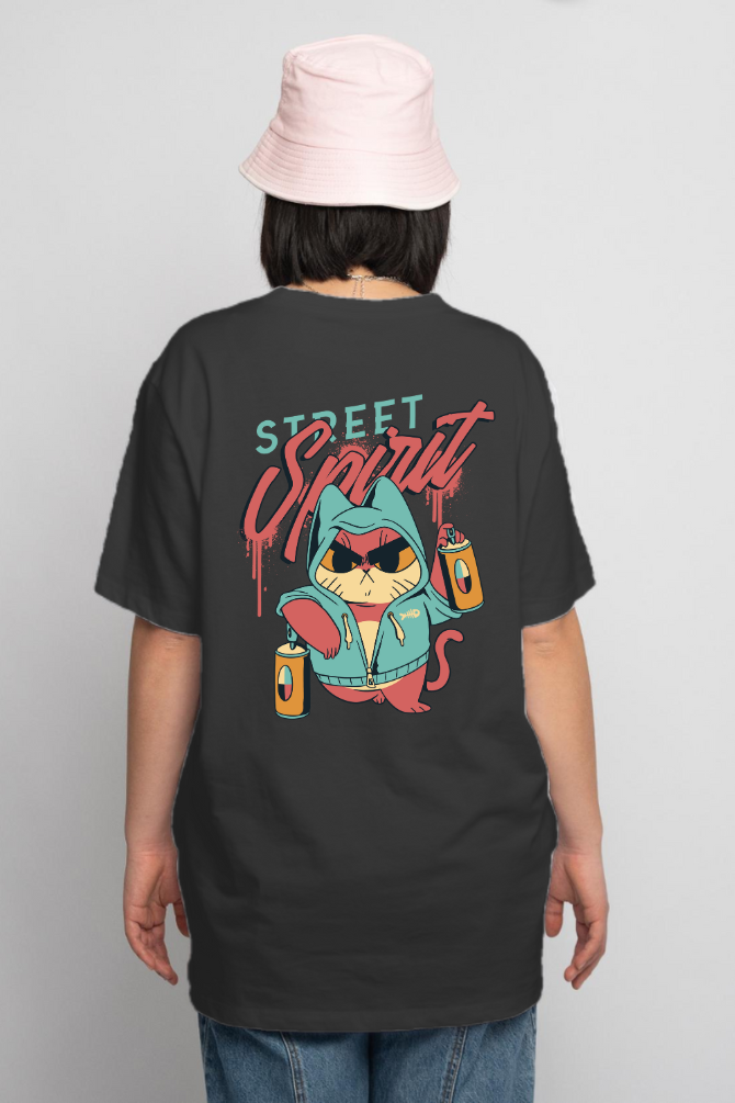 Street Cat Spirit Black Printed Oversized T-Shirt For Women - WowWaves - 4