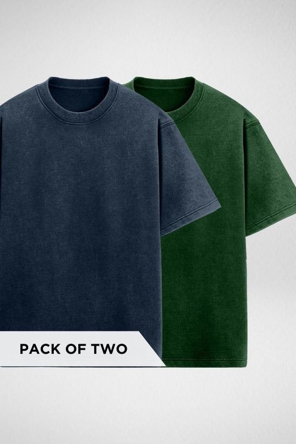 Navy Blue and Bottle Green Acid Wash Oversized T-shirts Combo - 1