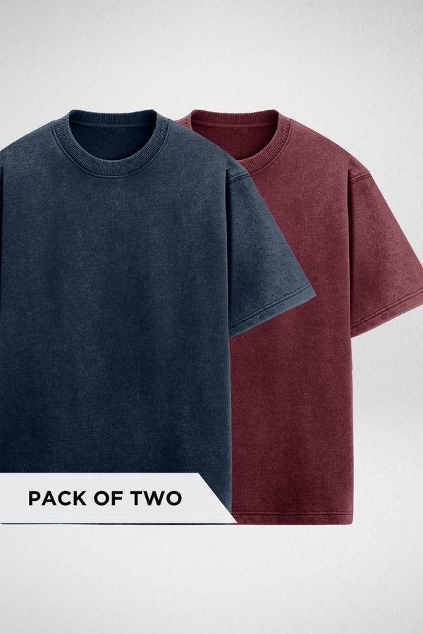 Navy Blue and Maroon Acid Wash Oversized T-shirts Combo - 1