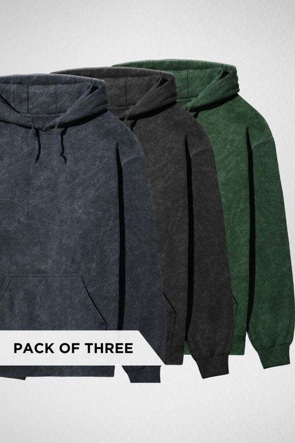 Pack of 3 Acid Wash Hoodies Navy Blue, Black and Bottle Green - 1