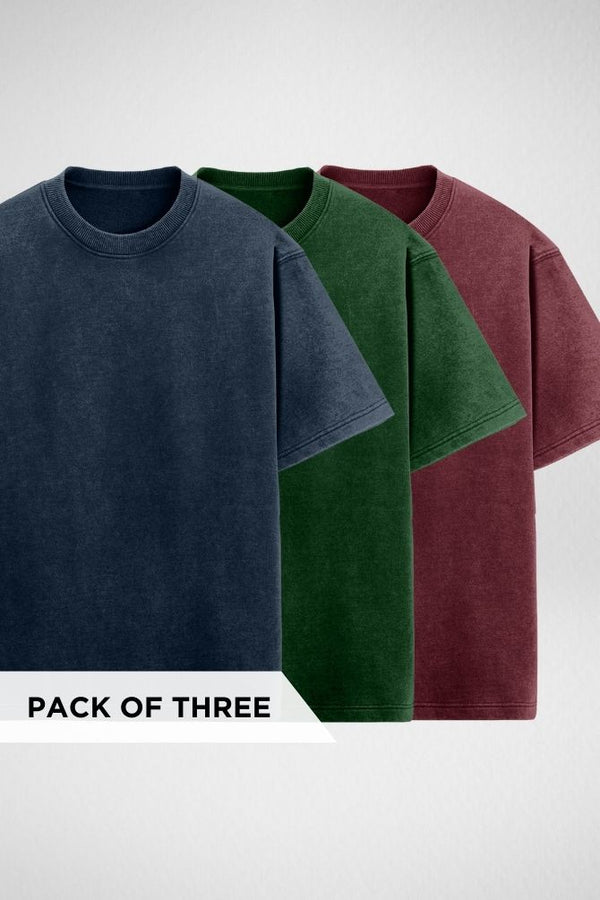 Pack of 3 Acid Wash Oversized T-shirts Navy Blue Bottle Green and Maroon - 1