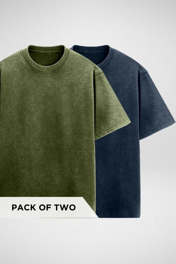 Olive Green and Navy Blue Acid Wash Oversized T-shirts Combo - 1