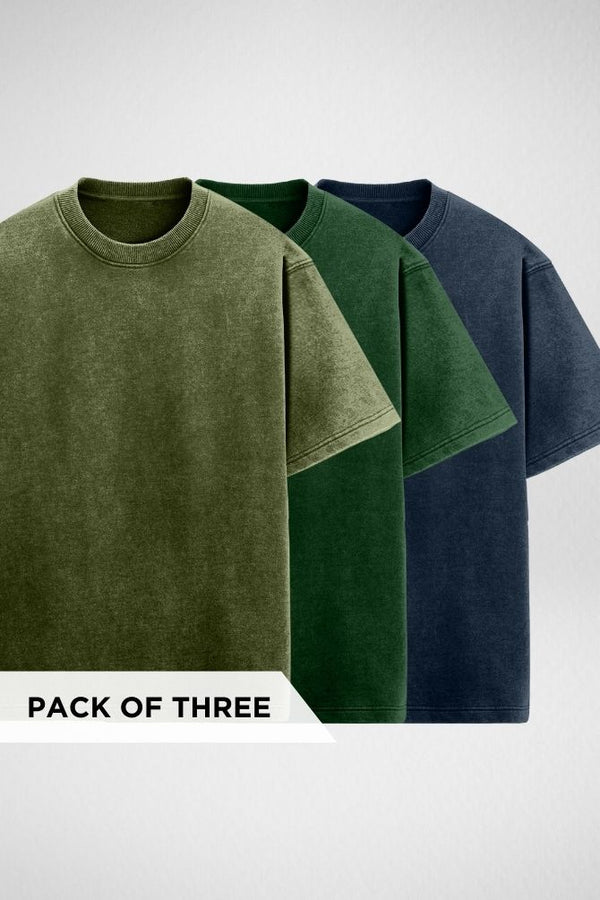 Pack of 3 Acid Wash Oversized T-shirts Olive Green, Bottle Green and Navy Blue - 1