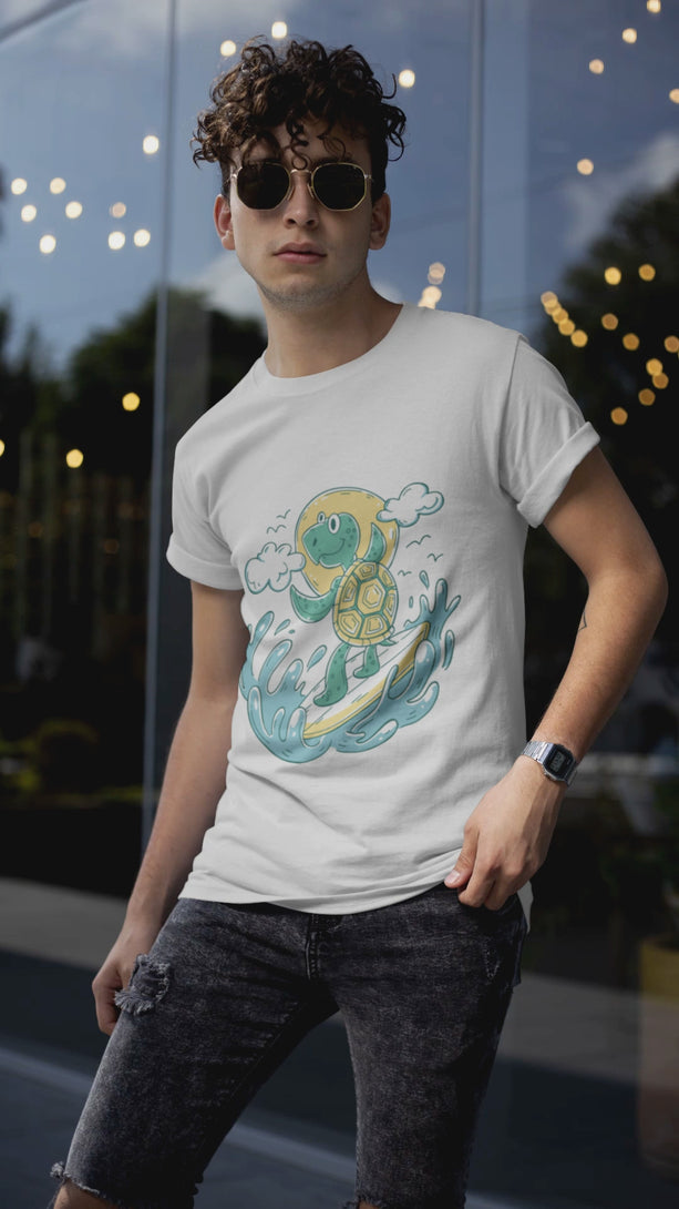 Turtle Surfer White Printed T-Shirt For Men - WowWaves - 6
