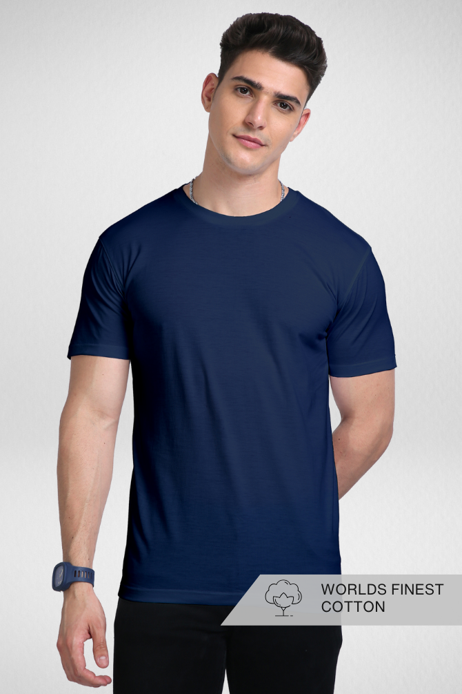 Navy Blue Supima Cotton T-Shirt For Men - WowWaves - 1