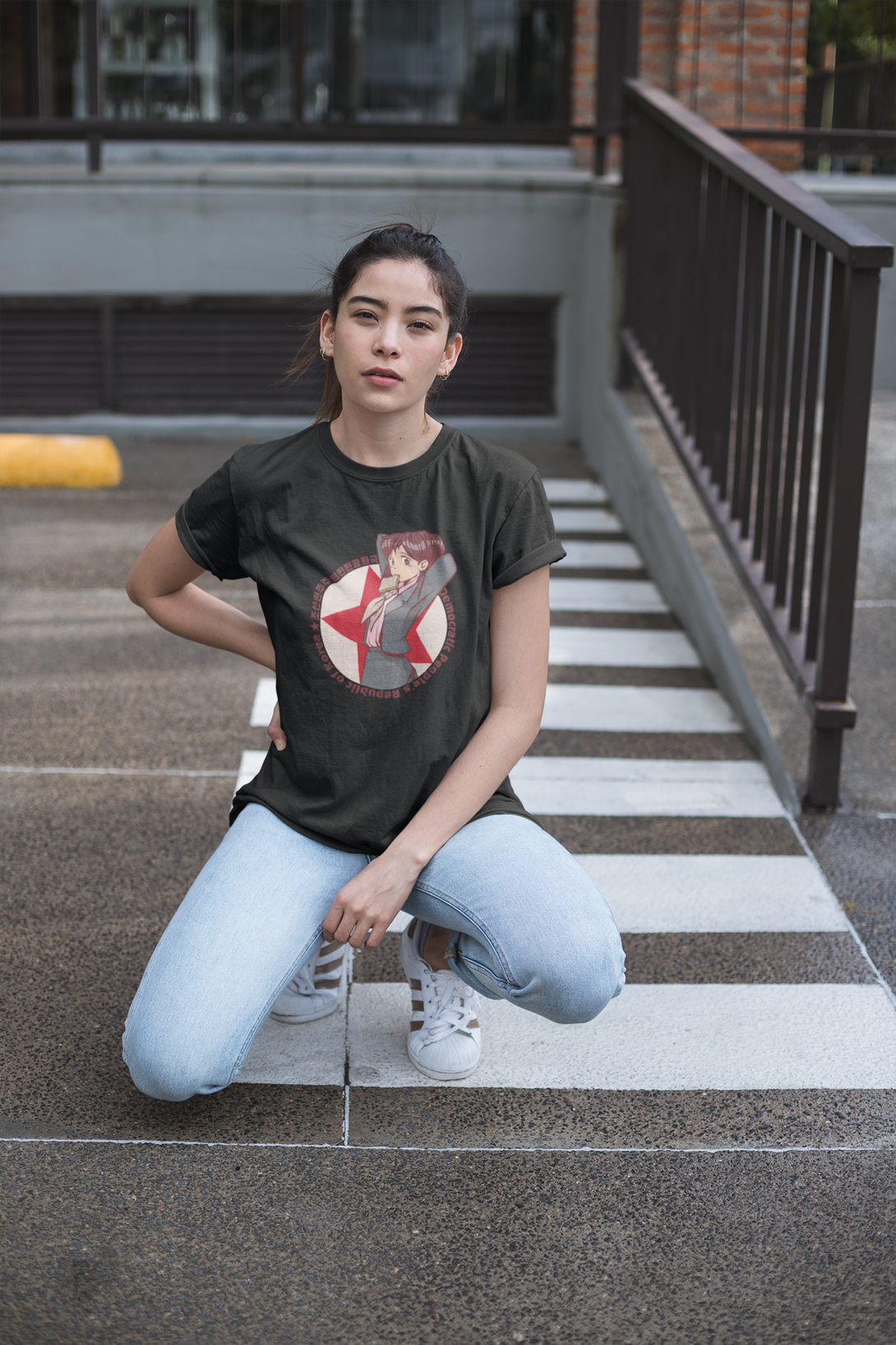 Anime North Korean Girl Black Printed Oversized T-Shirt For Women - WowWaves - 2