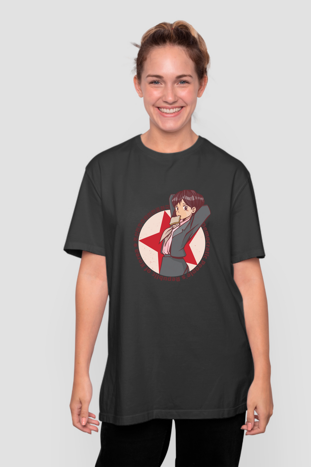 Anime North Korean Girl Black Printed Oversized T-Shirt For Women - WowWaves - 3