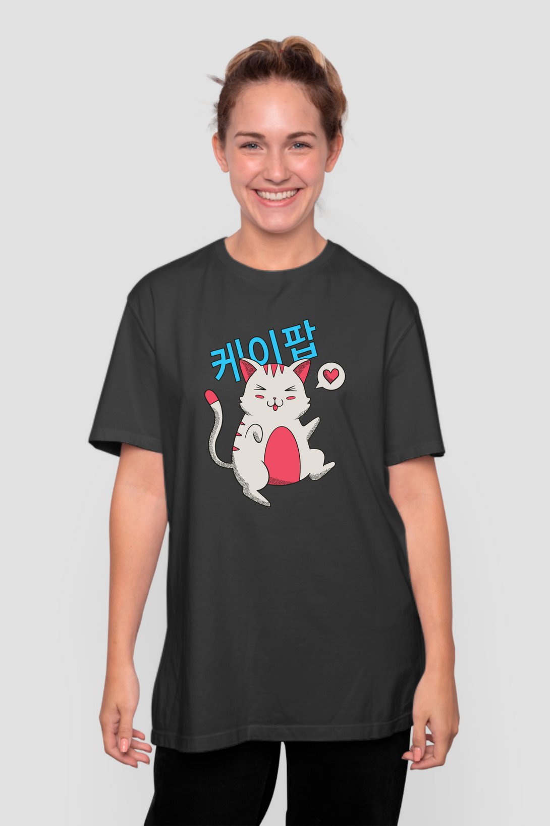 Korean Pop Cat Black Printed Oversized T-Shirt For Women - WowWaves - 3