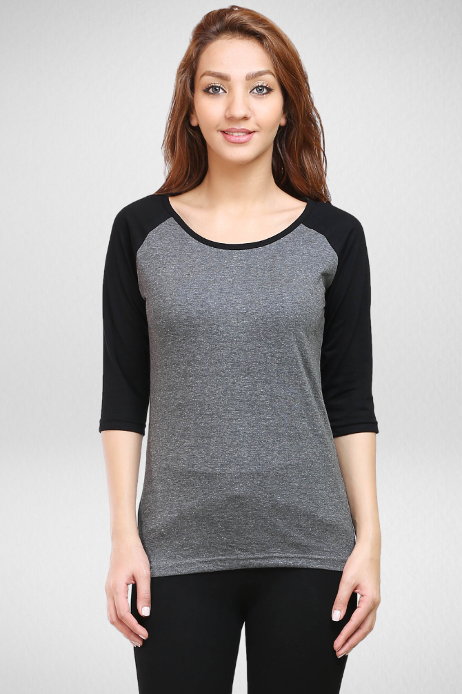 Black Charcoal Melange Raglan Sleeve T-Shirt For Women - WowWaves