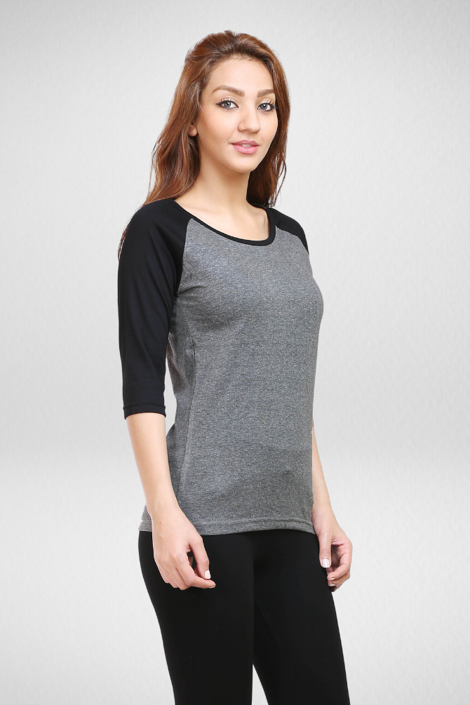 Black Charcoal Melange Raglan Sleeve T-Shirt For Women - WowWaves - 1