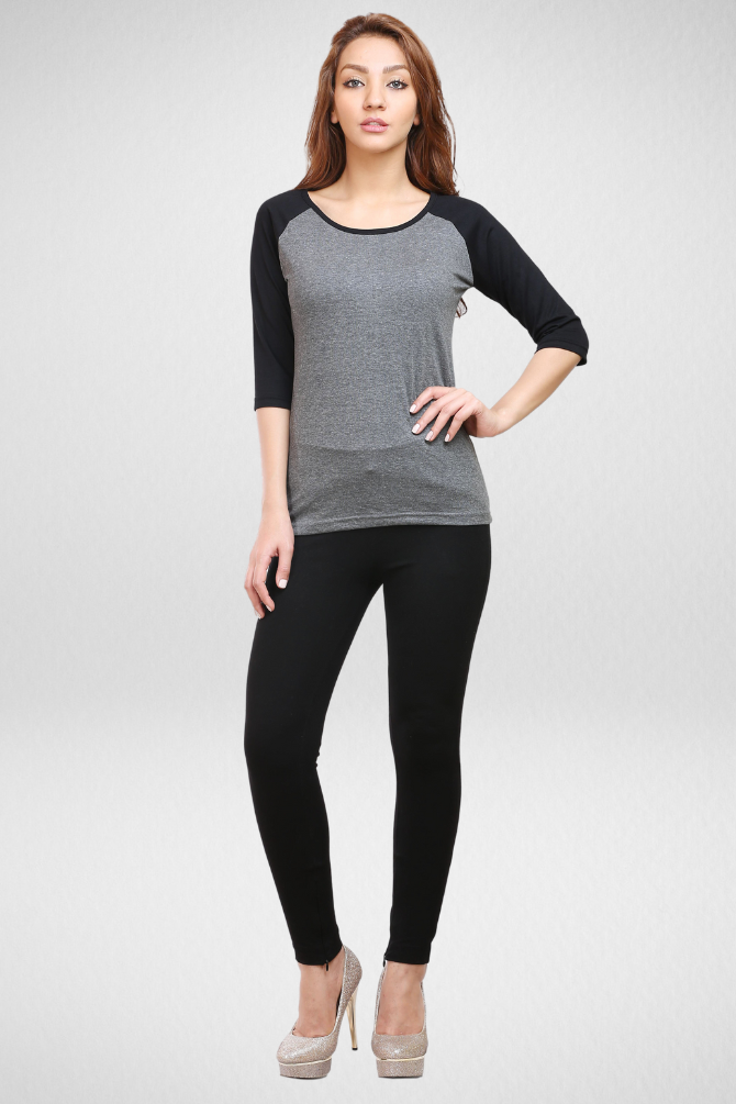 Black Charcoal Melange Raglan Sleeve T-Shirt For Women - WowWaves - 2