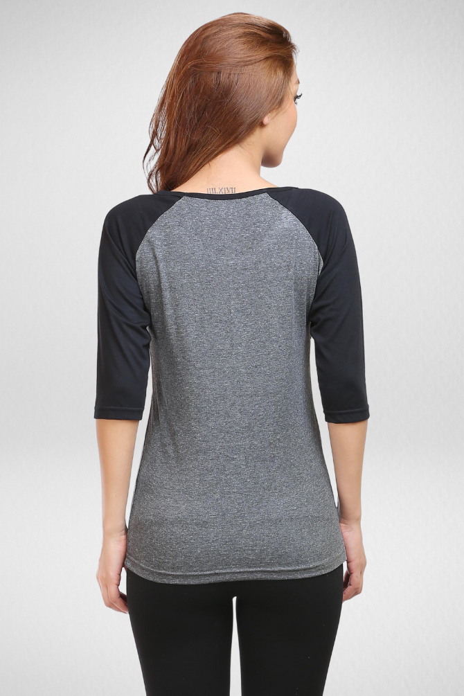 Black Charcoal Melange Raglan Sleeve T-Shirt For Women - WowWaves - 8