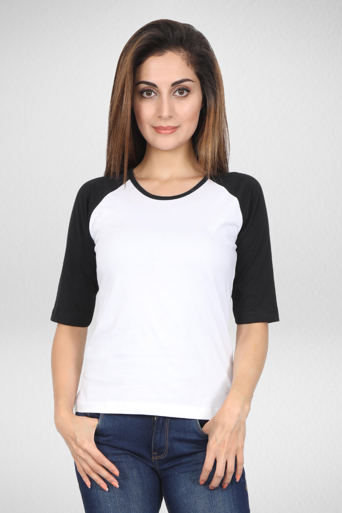 Black White Raglan Sleeve T-Shirt For Women - WowWaves - 1