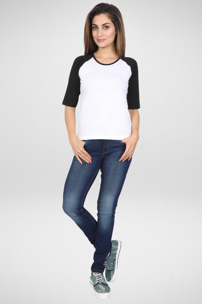 Black White Raglan Sleeve T-Shirt For Women - WowWaves - 2