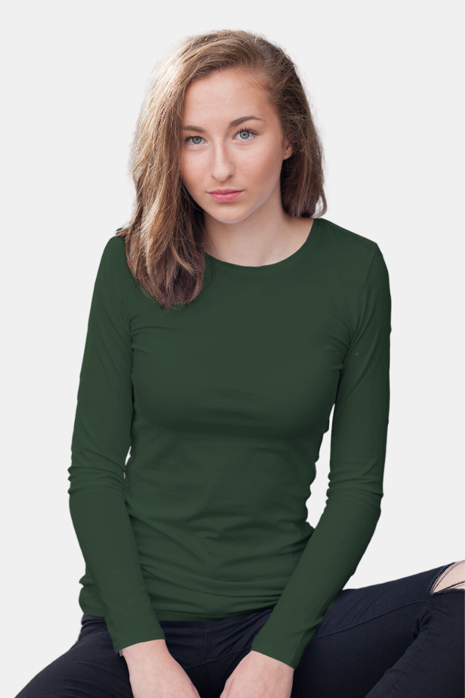 Bottle Green Full Sleeve T-Shirt For Women - WowWaves