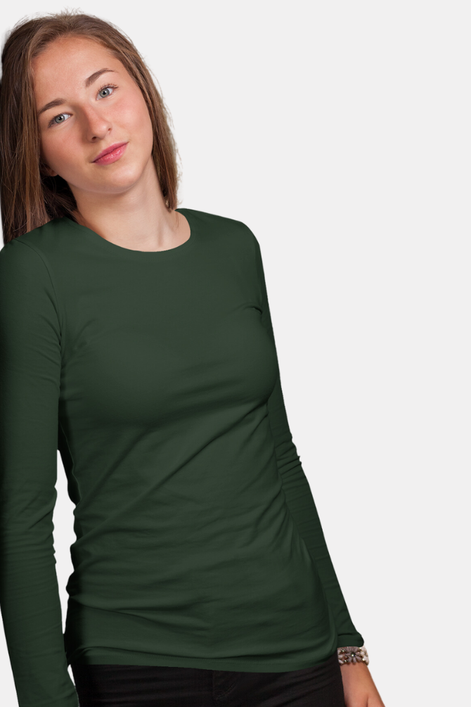 Bottle Green Full Sleeve T-Shirt For Women - WowWaves - 1