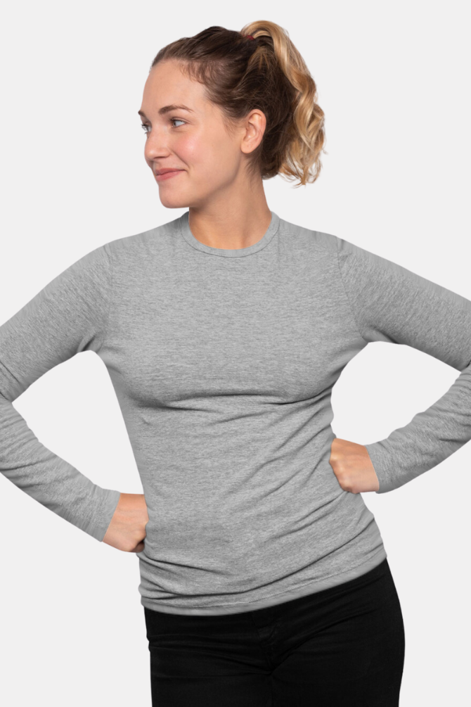 Grey Melange Full Sleeve T-Shirt For Women - WowWaves - 2