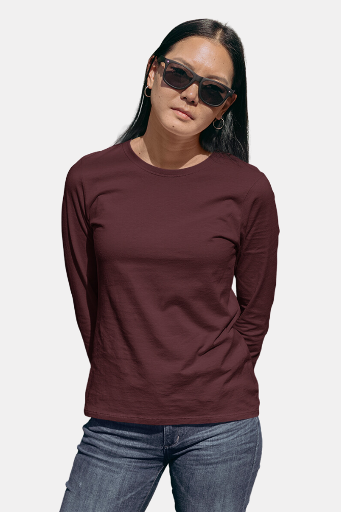 Maroon Full Sleeve T-Shirt For Women - WowWaves - 2