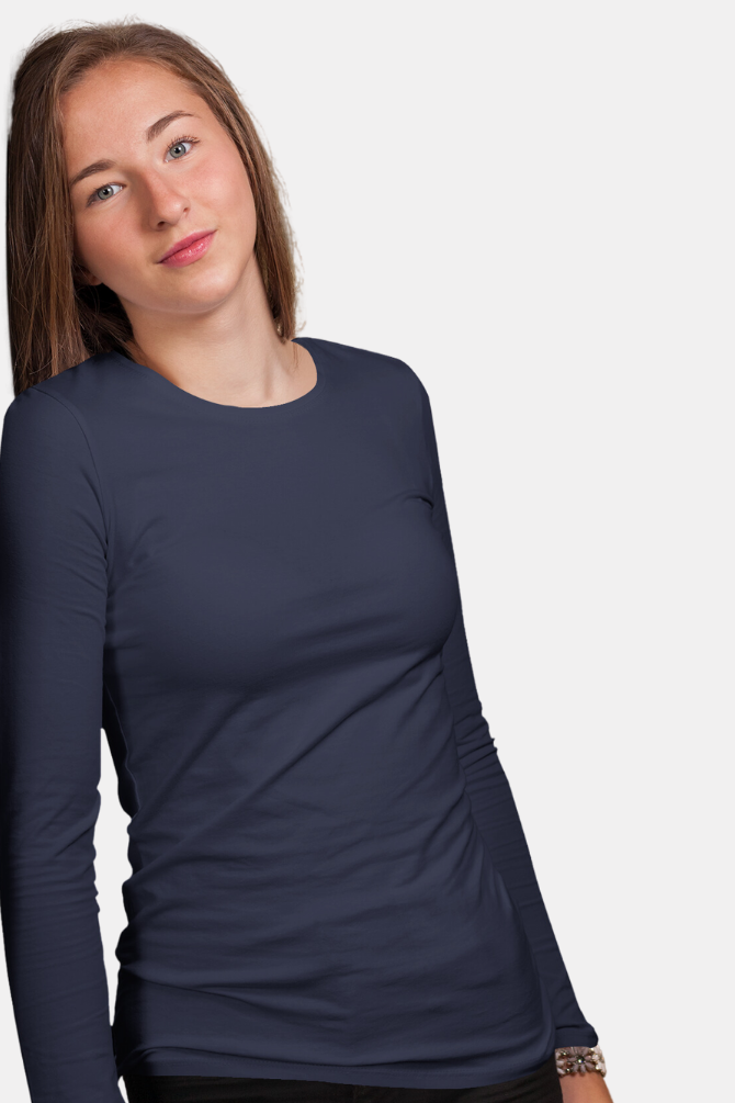 Navy Blue Full Sleeve T-Shirt For Women - WowWaves
