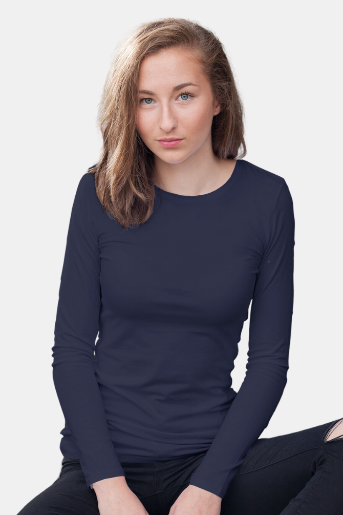 Navy Blue Full Sleeve T-Shirt For Women - WowWaves - 2
