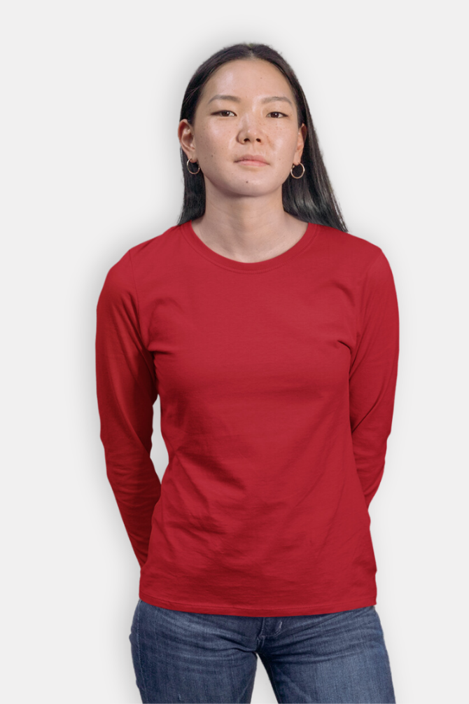 Red Full Sleeve T-Shirt For Women - WowWaves - 2