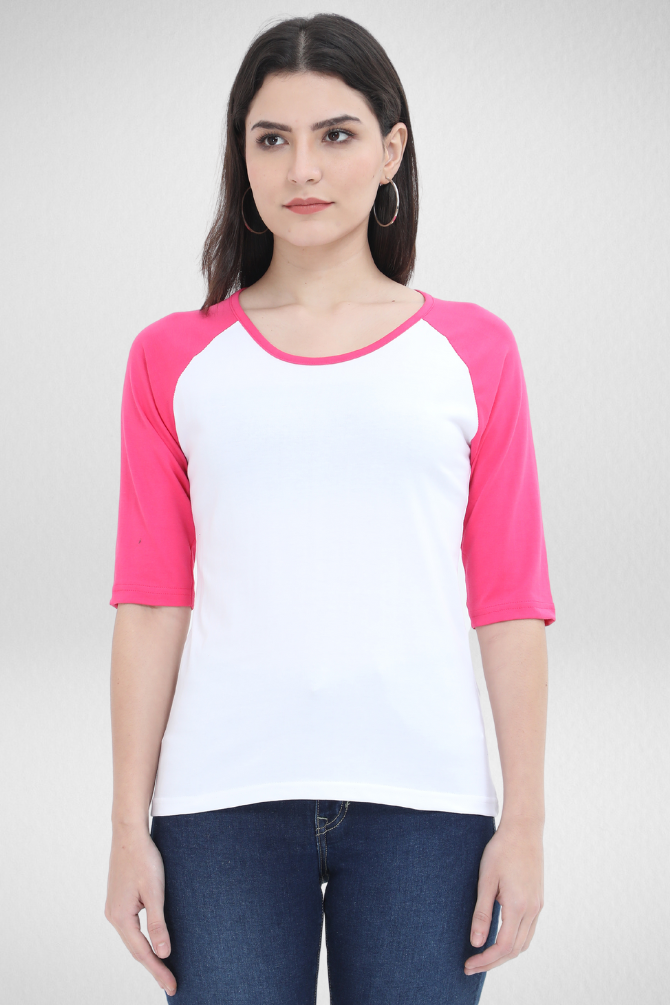 Pink White Raglan Sleeve T-Shirt For Women - WowWaves