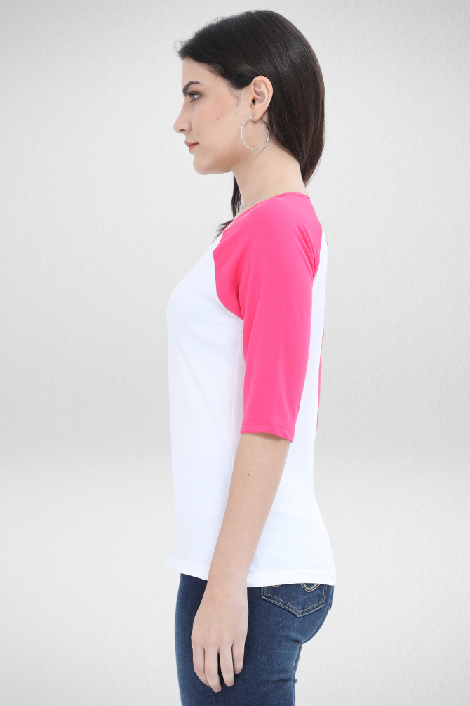 Pink White Raglan Sleeve T-Shirt For Women - WowWaves - 2