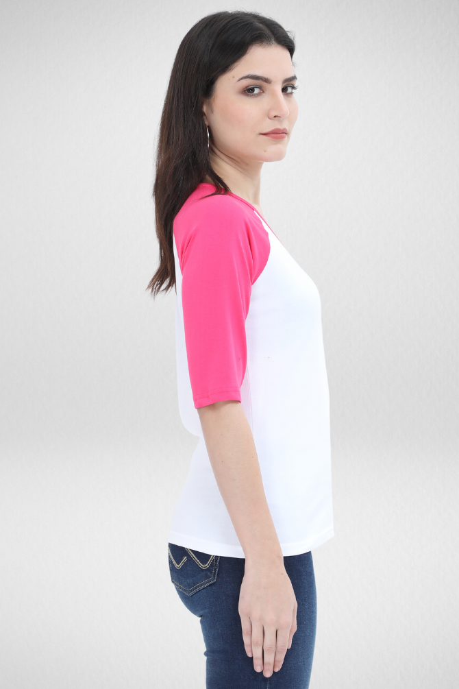 Pink White Raglan Sleeve T-Shirt For Women - WowWaves - 1