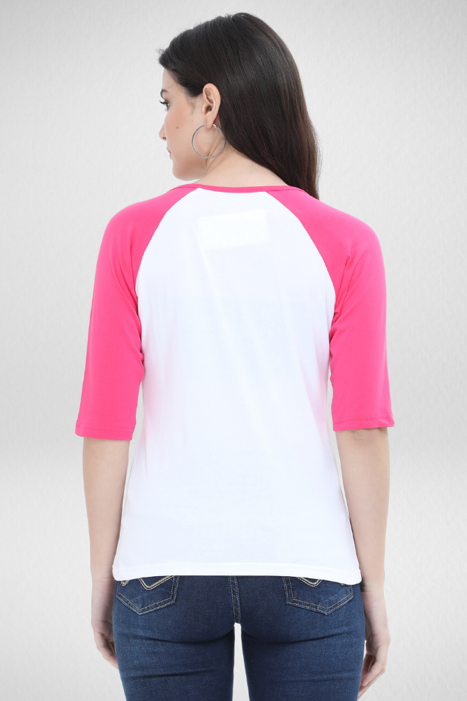 Pink White Raglan Sleeve T-Shirt For Women - WowWaves - 6