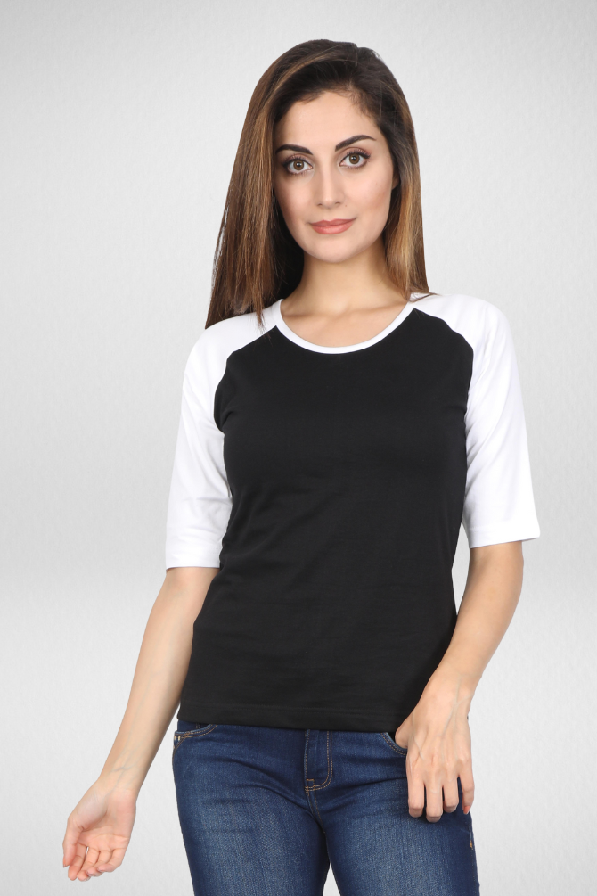 White Black Raglan Sleeve T-Shirt For Women - WowWaves