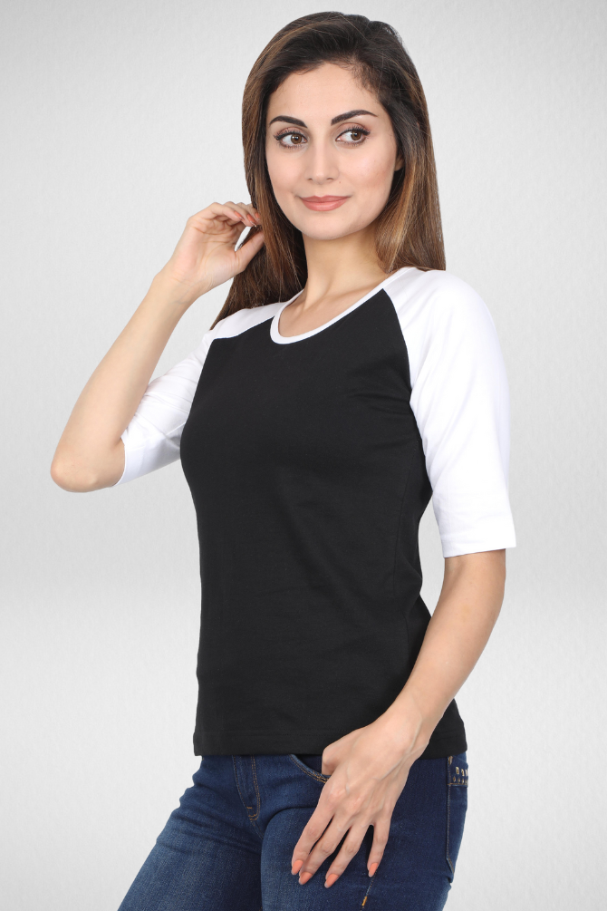 White Black Raglan Sleeve T-Shirt For Women - WowWaves - 2