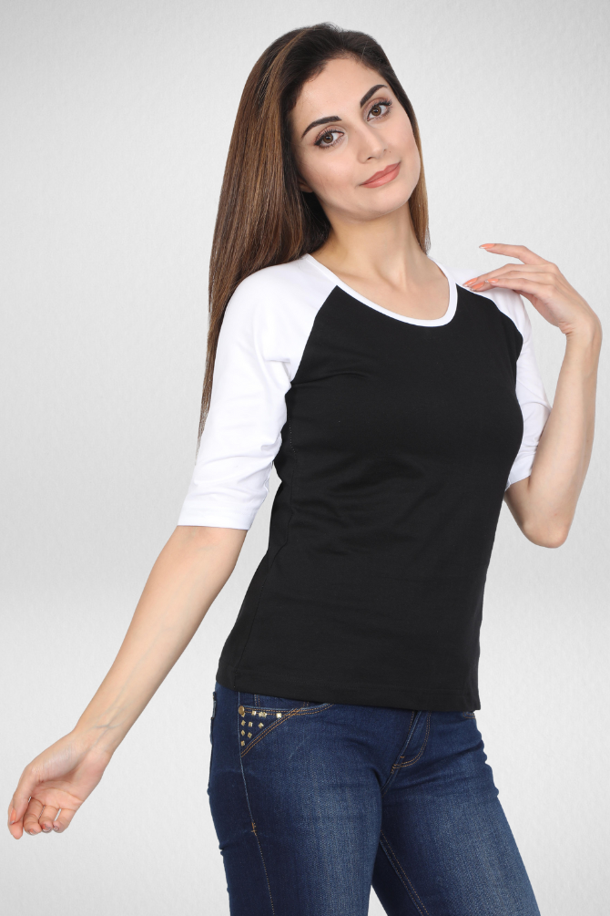 White Black Raglan Sleeve T-Shirt For Women - WowWaves - 1