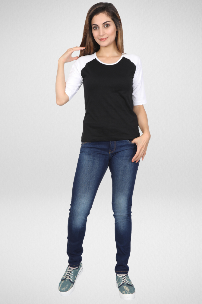 White Black Raglan Sleeve T-Shirt For Women - WowWaves - 4