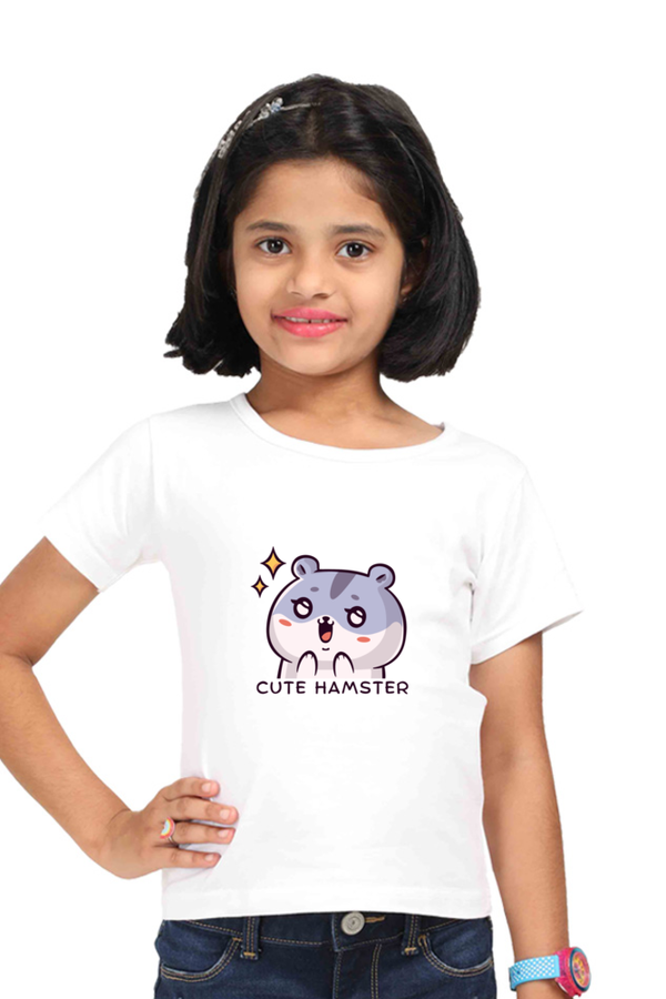 Cute Hamster White Printed T-Shirt For Girl - WowWaves