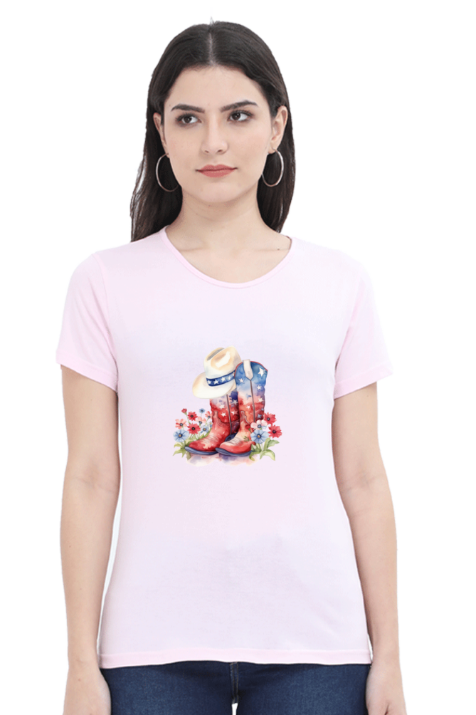 American Cowboy Printed Scoop Neck T-Shirt For Women - WowWaves - 10