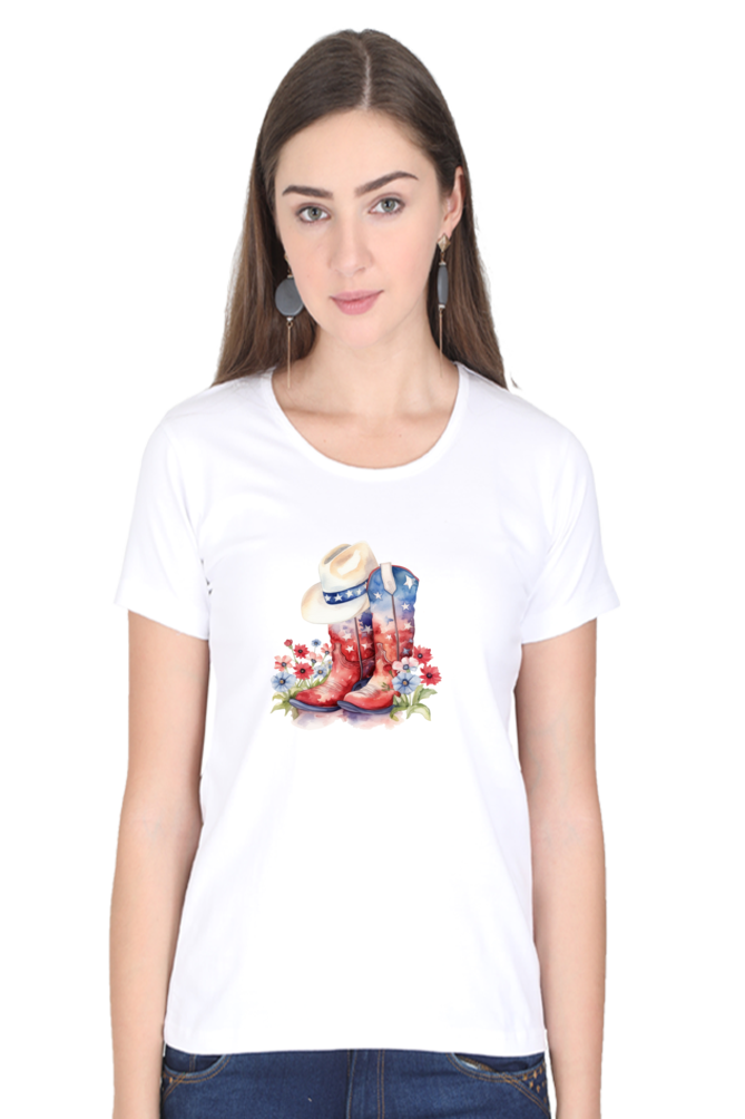 American Cowboy Printed Scoop Neck T-Shirt For Women - WowWaves - 9