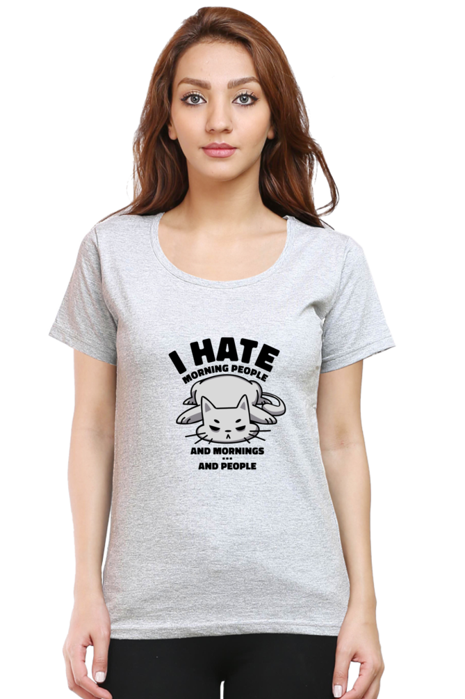 Angry Cat Printed Scoop Neck T-Shirt For Women - WowWaves - 8