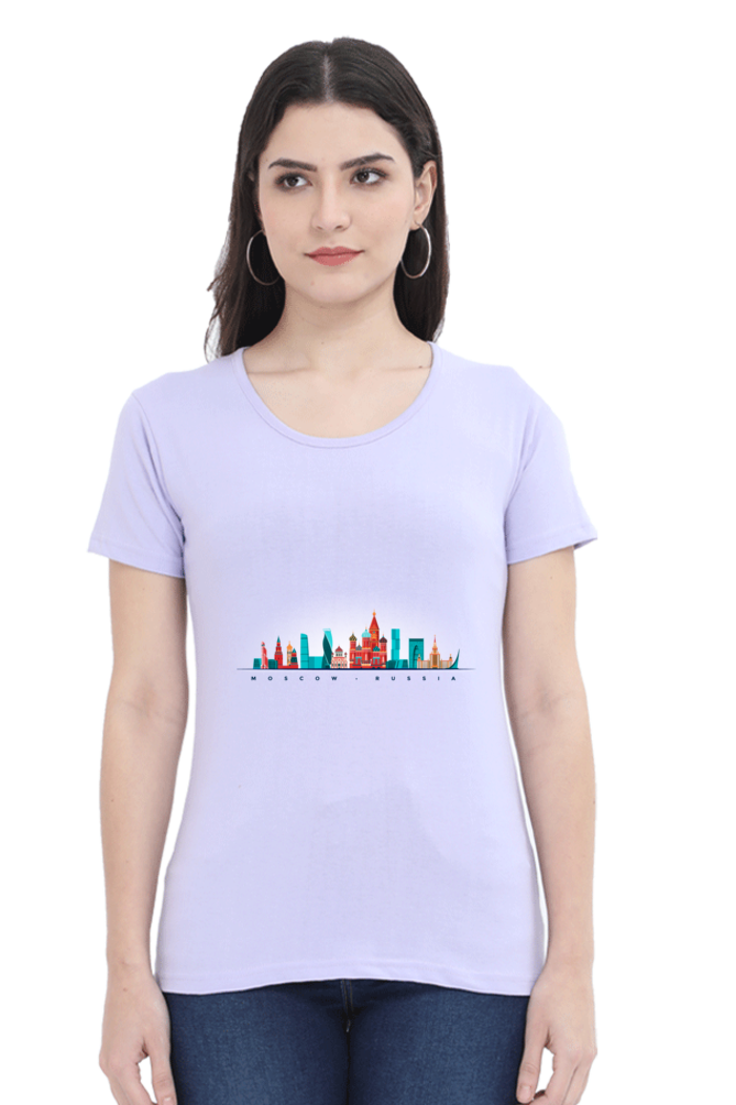 Moscow Skyline Printed Scoop Neck T-Shirt For Women - WowWaves - 7