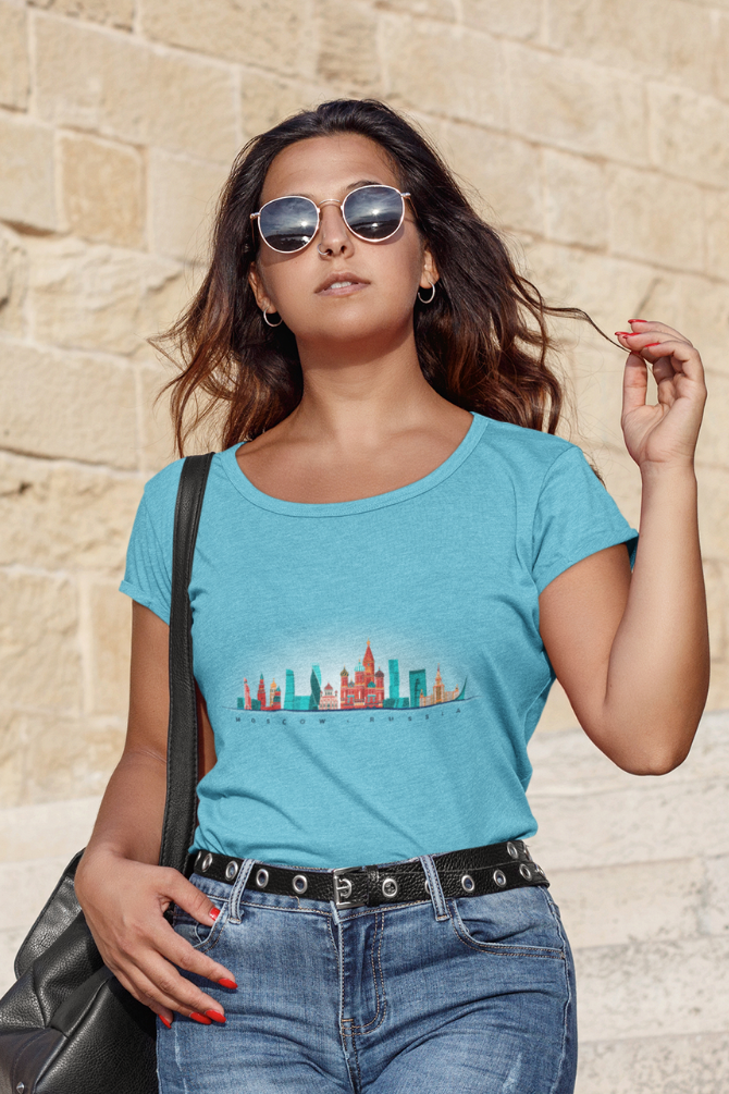 Moscow Skyline Printed Scoop Neck T-Shirt For Women - WowWaves - 6