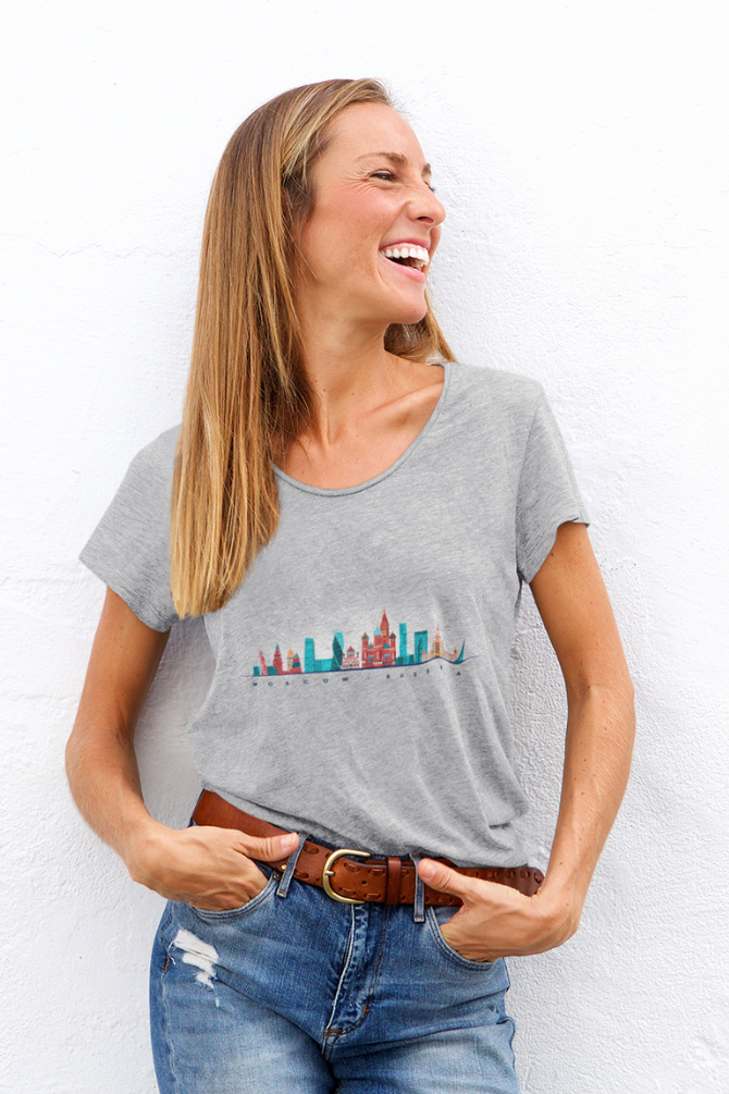Moscow Skyline Printed Scoop Neck T-Shirt For Women - WowWaves - 2