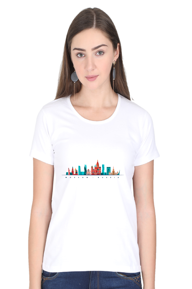 Moscow Skyline Printed Scoop Neck T-Shirt For Women - WowWaves - 10
