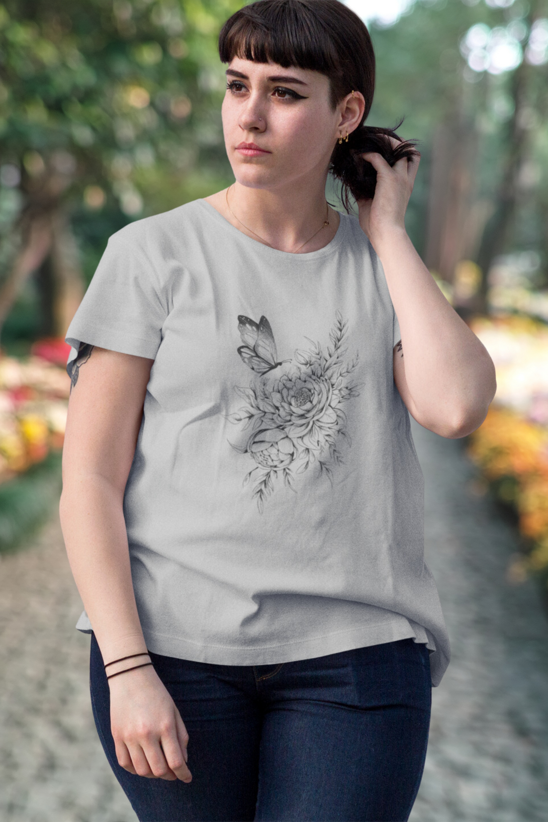 Floral Butterfly Tattoo Printed Scoop Neck T-Shirt For Women - WowWaves - 7