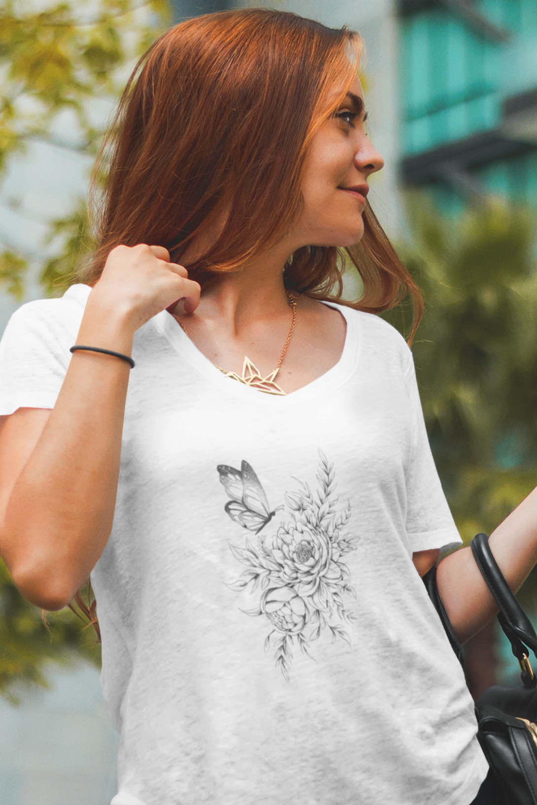 Floral Butterfly Tattoo Printed Scoop Neck T-Shirt For Women - WowWaves - 2